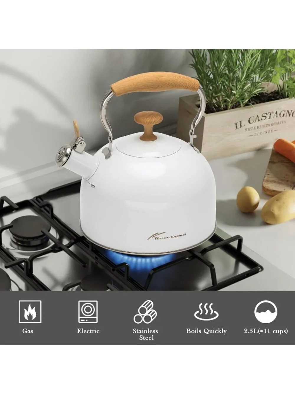 White Stainless Steel Whistling Tea Kettle 2.4L Stovetop Induction Gas Handle